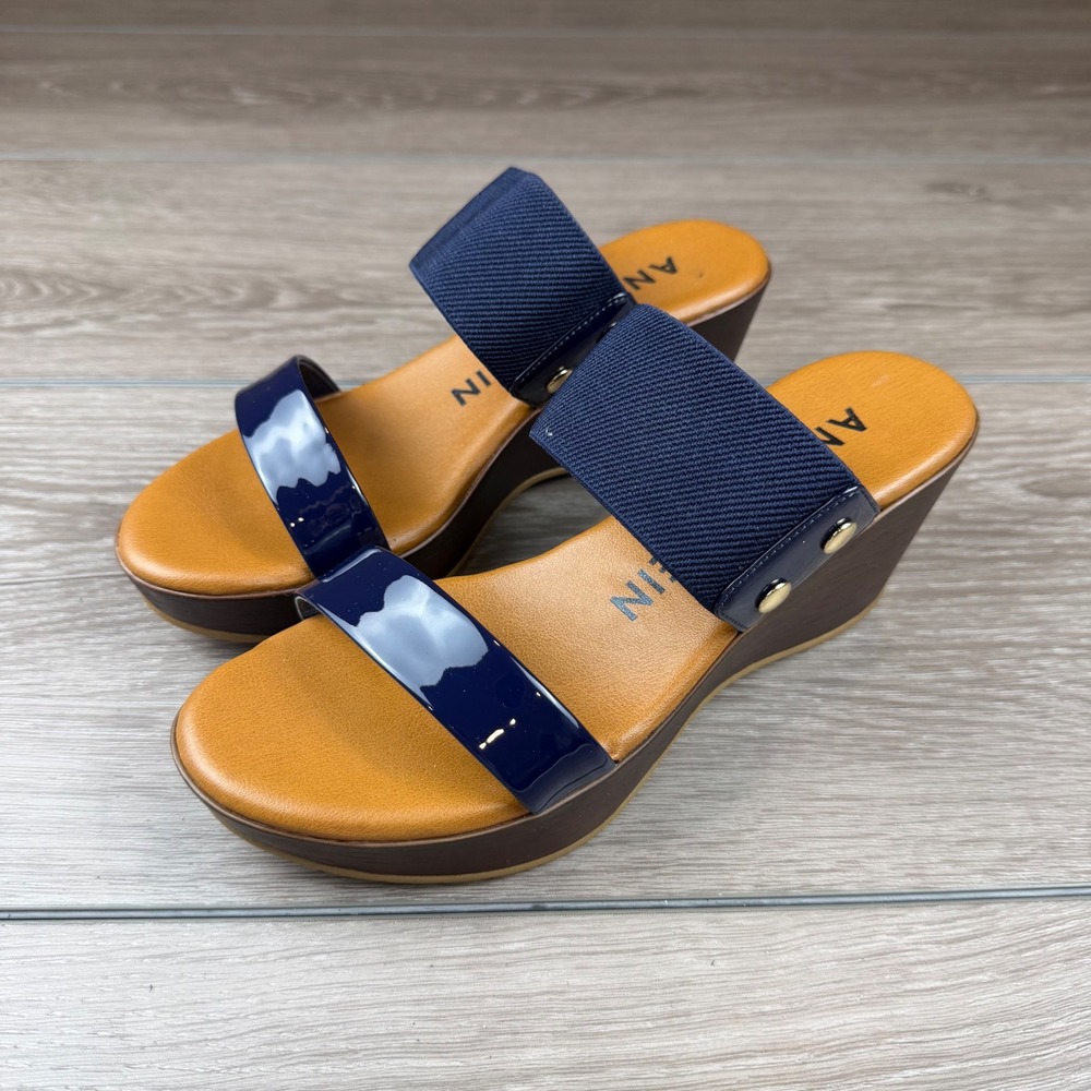 Anne Klein Womens Wedge Sandals AKHAMPTON Elastic Patent Navy Blue 6